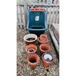 QUANTITY OF TERRACOTTA AND GLAZED GARDEN PLANTERS AND A PLASTIC GARDEN WHEELED TROLLEY BIN