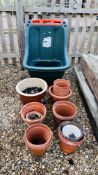 QUANTITY OF TERRACOTTA AND GLAZED GARDEN PLANTERS AND A PLASTIC GARDEN WHEELED TROLLEY BIN