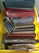 PLASTIC TUB OF STAMPS IN TWELVE ALBUMS AND LOOSE, COVERS, ETC.