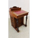 A MAHOGANY DAVENPORT DESK WITH TOOLED LEATHER INSERT WRITING BOX TO TOP AND FOUR DRAWERS W 53CM,