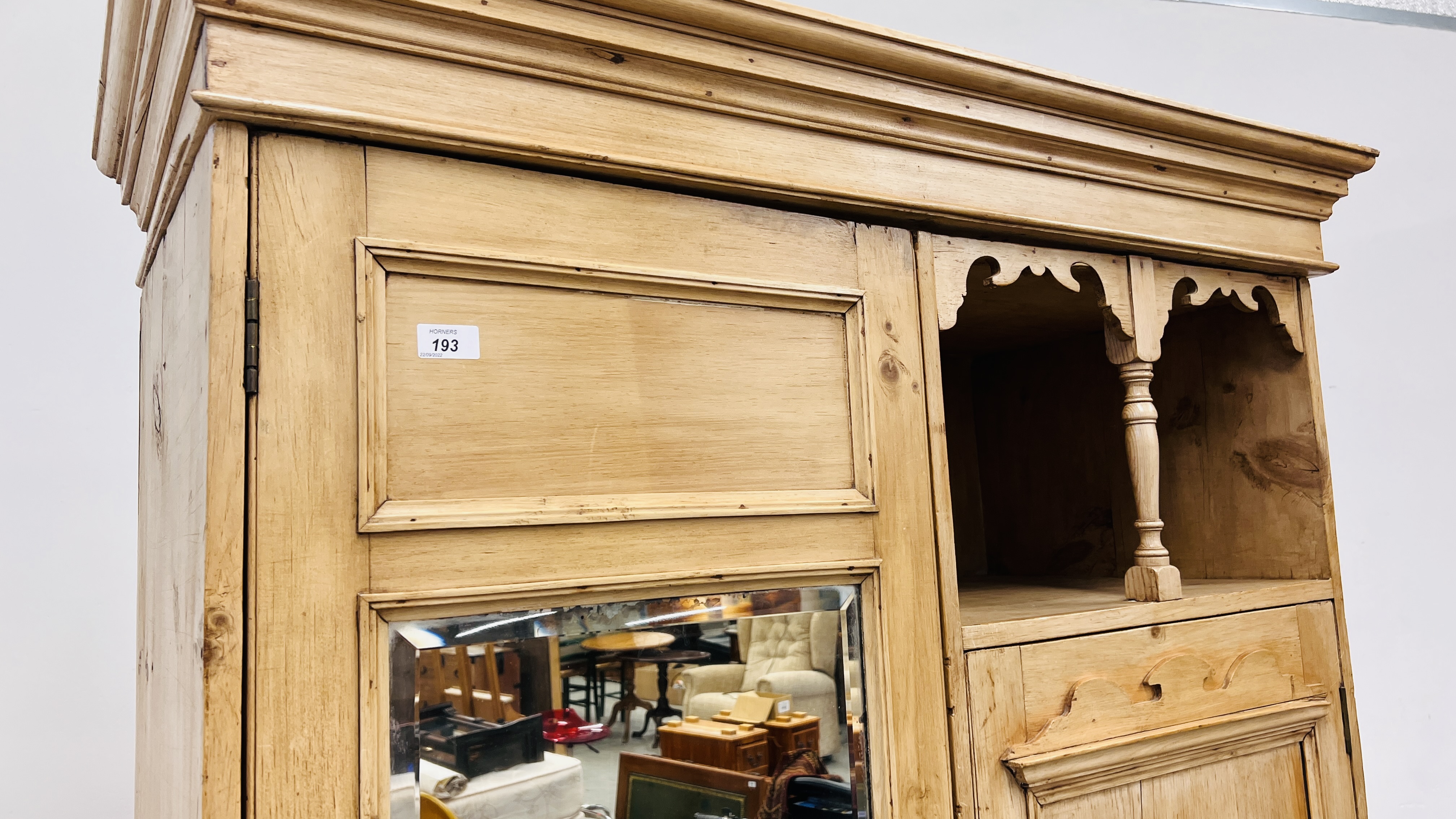 AN ANTIQUE WAXED PINE COMBINATION WARDROBE W 114CM, D 50CM, H 200CM. - Image 4 of 12