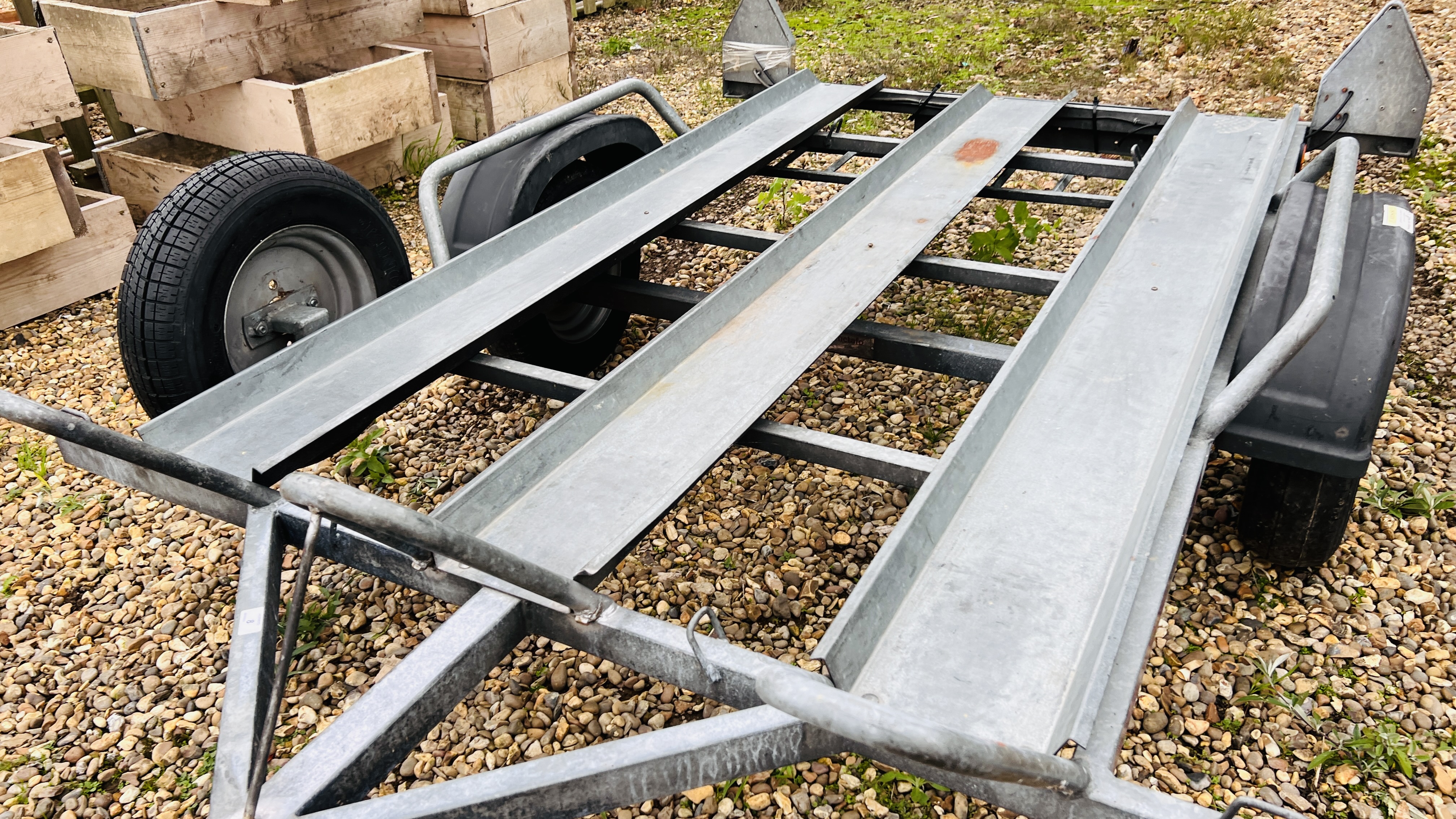 A METAFO GALVANISED MOTORCYCLE CAR TRAILER (THREE BIKE CAPACITY) - ROAD TYRES REQUIRE REPLACEMENT, - Image 2 of 13