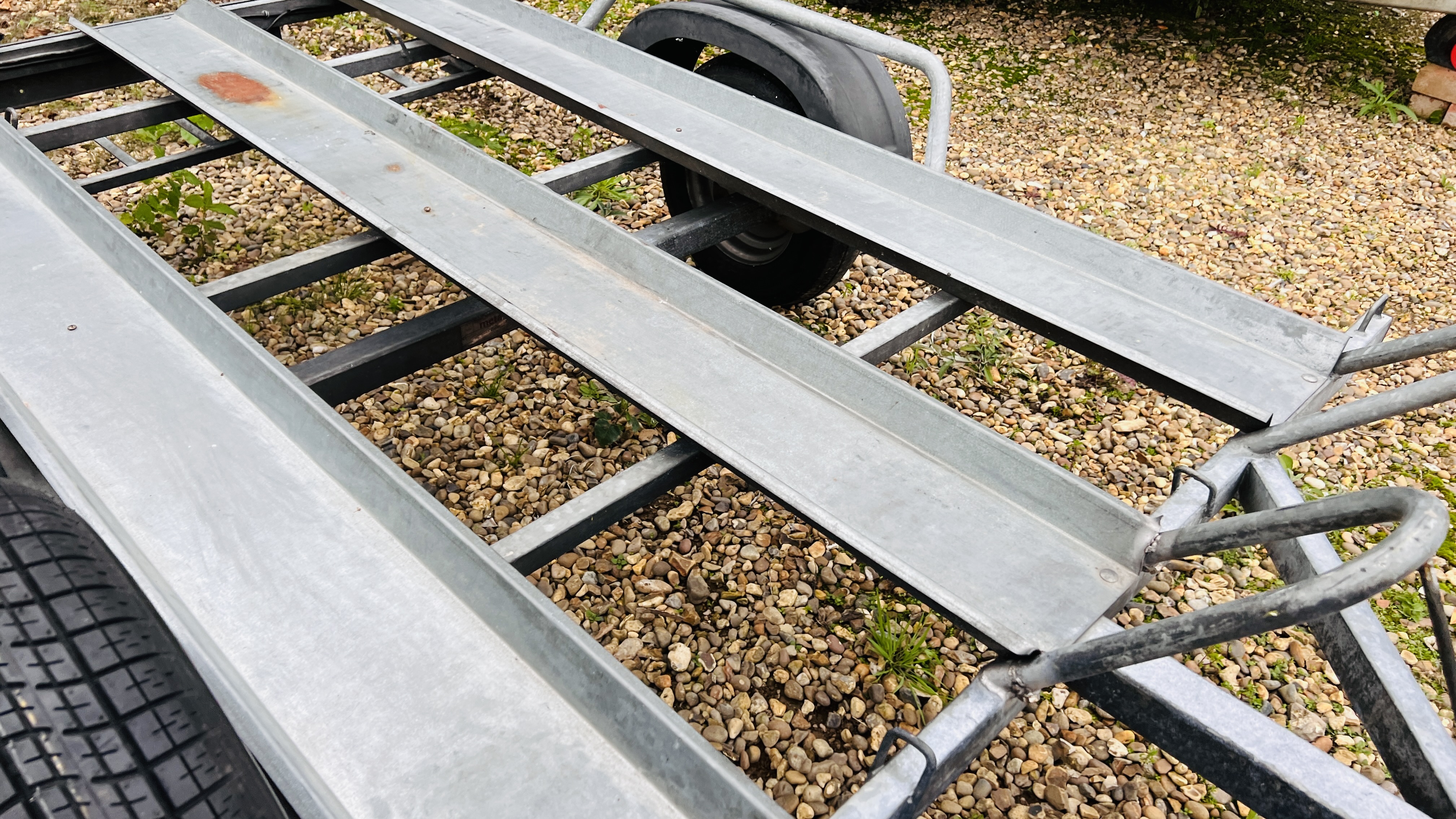 A METAFO GALVANISED MOTORCYCLE CAR TRAILER (THREE BIKE CAPACITY) - ROAD TYRES REQUIRE REPLACEMENT, - Image 11 of 13