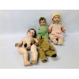 2 X VINTAGE COMPOSITE AND CHINA DOLLS A/F ALONG WITH A VINTAGE TEDDY BEAR AND A VINTAGE KOPPELSDORF