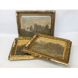 2 X VINTAGE GILT FRAMED OIL ON CANVAS RURAL SCENES BEARING INITIALS E.A.