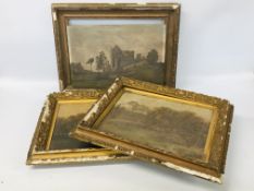 2 X VINTAGE GILT FRAMED OIL ON CANVAS RURAL SCENES BEARING INITIALS E.A.