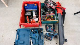 ASSORTED HAND AND POWER TOOLS TO INCLUDE BLACK AND DECKER HEAVY DUTY DRILL, FOR POWER DRILL,