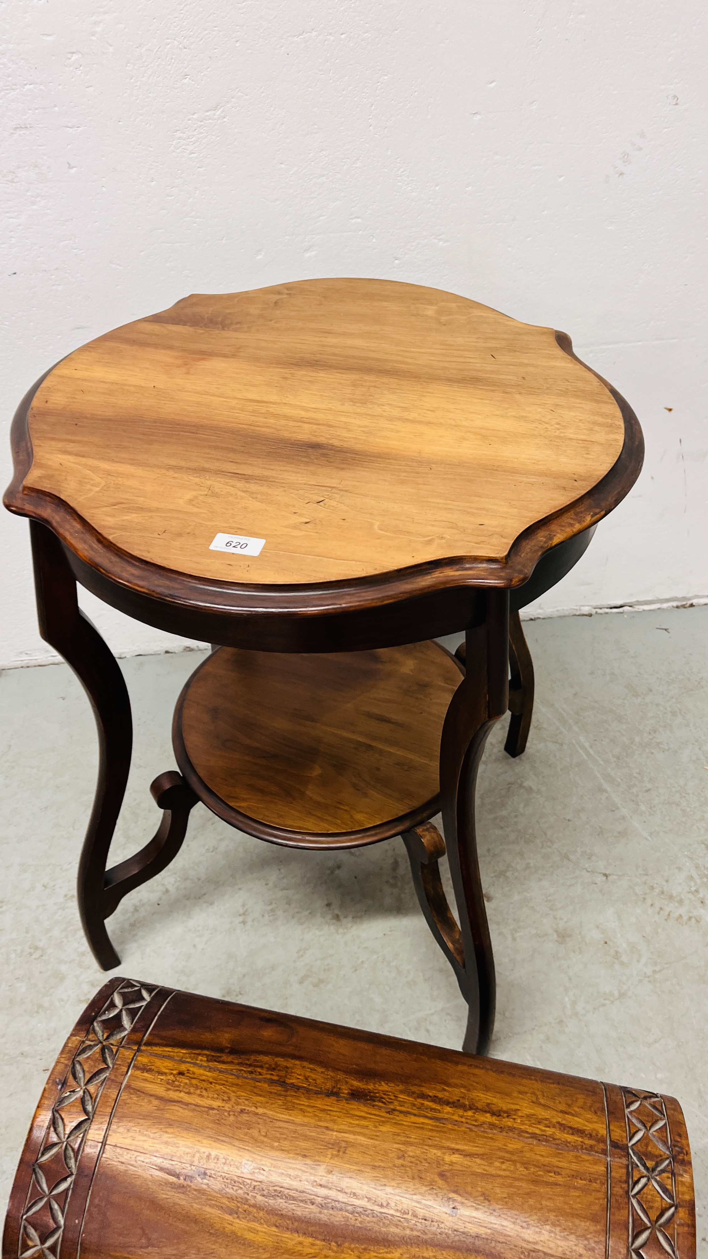 A MAHOGANY SHAPED TOP OCCASIONAL TABLE AND A REPRODUCTION DOME TOP TREASURY CHEST HINGE A/F. - Image 3 of 8