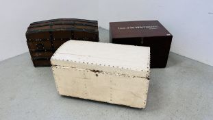 A VINTAGE METAL BOUND DOME TOP TRUNK ALONG WITH A FURTHER VINTAGE PAINTED PINE DOME TOP TRUNK AND A