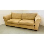 A GOOD QUALITY FAWN UPHOLSTERED MODERN THREE SEATER SOFA L 225CM, D 95CM.