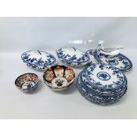 QUANTITY OF BLUE AND WHITE DINNERWARE MARKED "DELPH" ALONG WITH TWO IMARI PATTERN DISHES (1 A/F)
