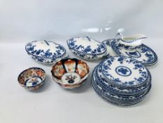 QUANTITY OF BLUE AND WHITE DINNERWARE MARKED "DELPH" ALONG WITH TWO IMARI PATTERN DISHES (1 A/F)