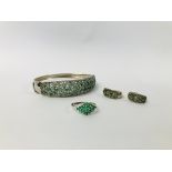 DESIGNER SILVER HINGED BANGLE SET WITH GREEN STONES IN A FLOWER HEAD DESIGN ALONG WITH A PAIR OF