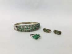 DESIGNER SILVER HINGED BANGLE SET WITH GREEN STONES IN A FLOWER HEAD DESIGN ALONG WITH A PAIR OF