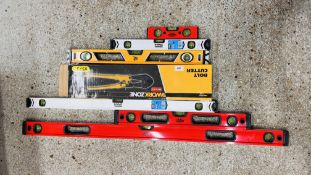 A PAIR OF WORKZONE AS NEW LARGE BOLT CROPPERS, SET OF THREE GRADUATED MINOTAUR SPIRIT LEVELS,