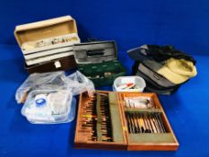 COLLECTION OF FISHING ACCESSORIES TO INCLUDE BOX OF FLOATS, VARIOUS HOOKS, BOILIE ROLLER ETC.
