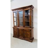 A REPRODUCTION ANTIQUE FINISH DISPLAY CABINET WITH THREE DOOR CABINET BASE W 149CM, D 43CM, H 202CM.