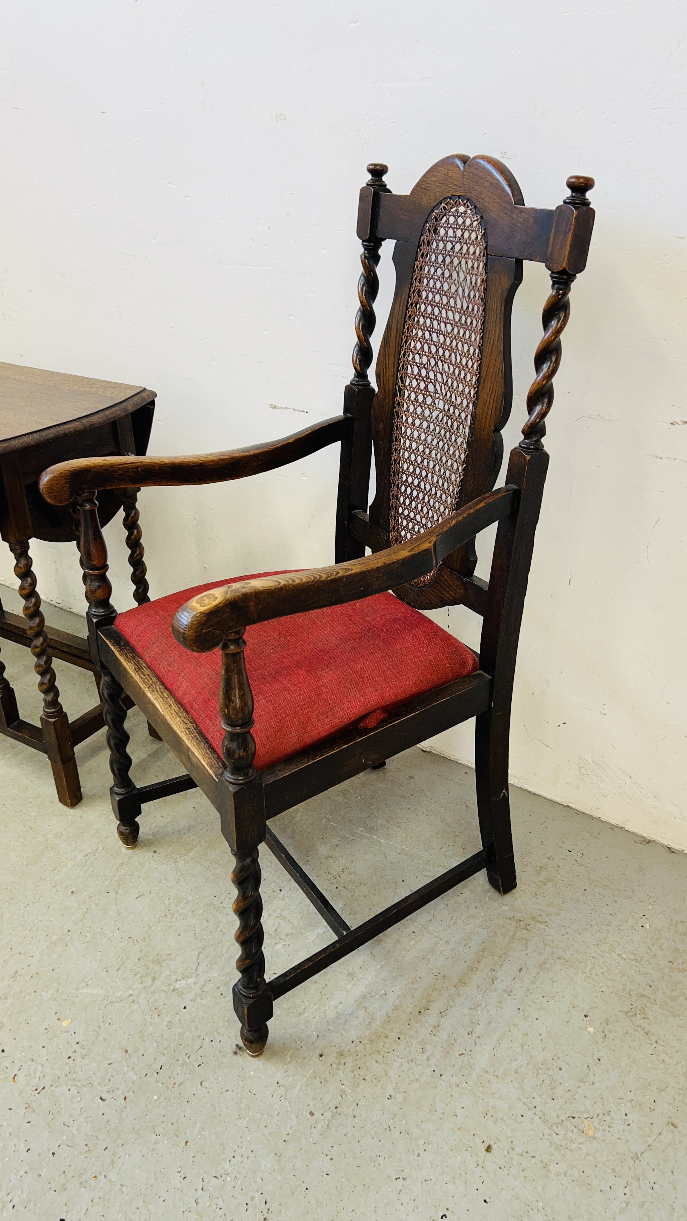 PAIR OF OAK BARLEY TWIST ELBOW CHAIRS WITH RATTAN WORK TO BACK PANELS AND SMALL OAK BARLEY TWIST - Image 9 of 14