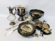 BOX OF ASSORTED VINTAGE PLATED WARE TO INCLUDE CHAMPAGNE BUCKET,