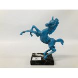 A STUDY OF REARING HORSE, BLUE MARBLED FINISH ON MARBLE PLINTH HEIGHT 20CM.