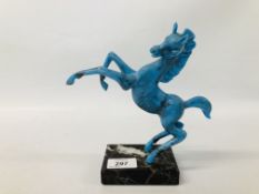 A STUDY OF REARING HORSE, BLUE MARBLED FINISH ON MARBLE PLINTH HEIGHT 20CM.
