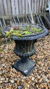 A CLASSICAL CAST IRON GARDEN URN, HEIGHT 52CM.