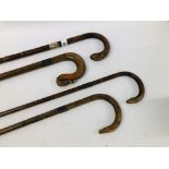 4 X VARIOUS WALKING STICKS TO INCLUDE 3 BAMBOO EXAMPLES + ONE OTHER ALL HAVING SILVER / WHITE METAL