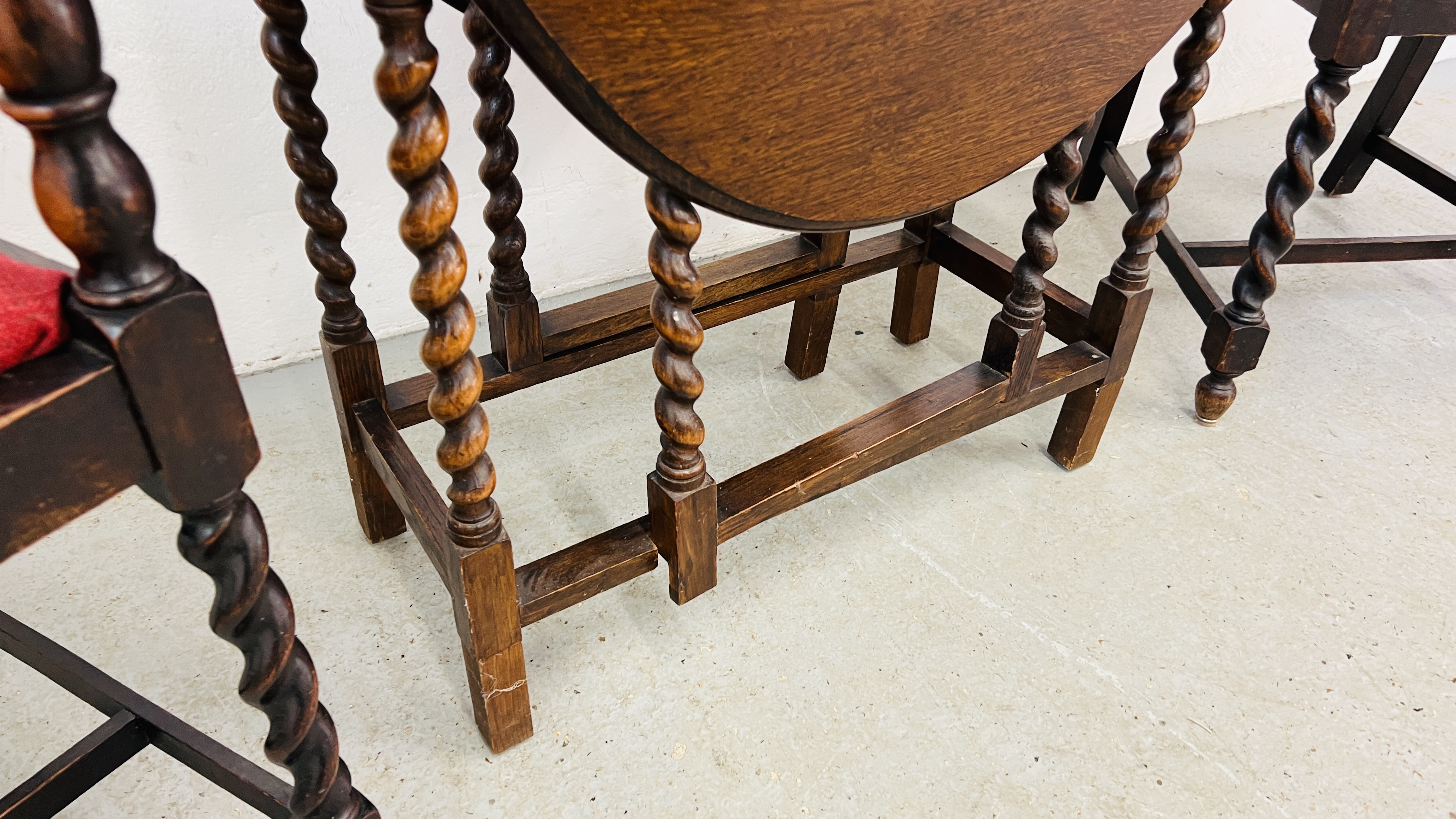 PAIR OF OAK BARLEY TWIST ELBOW CHAIRS WITH RATTAN WORK TO BACK PANELS AND SMALL OAK BARLEY TWIST - Image 6 of 14