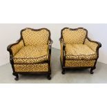 A PAIR OF CONTINENTAL STYLE TUB CHAIRS UPHOLSTERED WITH GOLD BROCADE MATERIAL