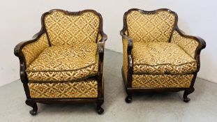 A PAIR OF CONTINENTAL STYLE TUB CHAIRS UPHOLSTERED WITH GOLD BROCADE MATERIAL