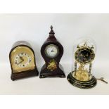 ANNIVERSARY CLOCK UNDER A GLASS DOME ALONG WITH TWO FURTHER MANTEL CLOCKS - ONE HAVING A