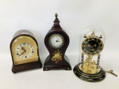 ANNIVERSARY CLOCK UNDER A GLASS DOME ALONG WITH TWO FURTHER MANTEL CLOCKS - ONE HAVING A