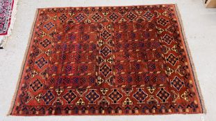 A BELOUCH RUG, THREE CENTRAL STEPPED LOZENGES BETWEEN COMPARTMENTAL DESIGNS - L 175CM X W 130CM.