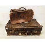 VINTAGE BROWN LEATHER SUITCASE WITH ORIGINAL LUGGAGE LABELS ALONG WITH VINTAGE GLADSTONE STYLE BAG