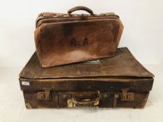 VINTAGE BROWN LEATHER SUITCASE WITH ORIGINAL LUGGAGE LABELS ALONG WITH VINTAGE GLADSTONE STYLE BAG