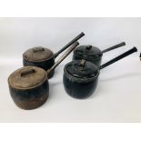 TWO VINTAGE HEAVY CAST "SIDDONS" LIDDED KITCHEN PANS ALONG WITH TWO VINTAGE ENAMELLED "JUDGE"