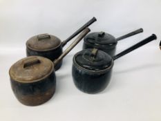 TWO VINTAGE HEAVY CAST "SIDDONS" LIDDED KITCHEN PANS ALONG WITH TWO VINTAGE ENAMELLED "JUDGE"