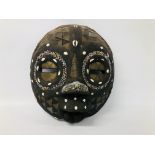 WOODEN ETHNIC TRIBAL WALL MASK DECORATED WITH BEADS AND SHELLS HEIGHT 33CM. WIDTH 30CM.
