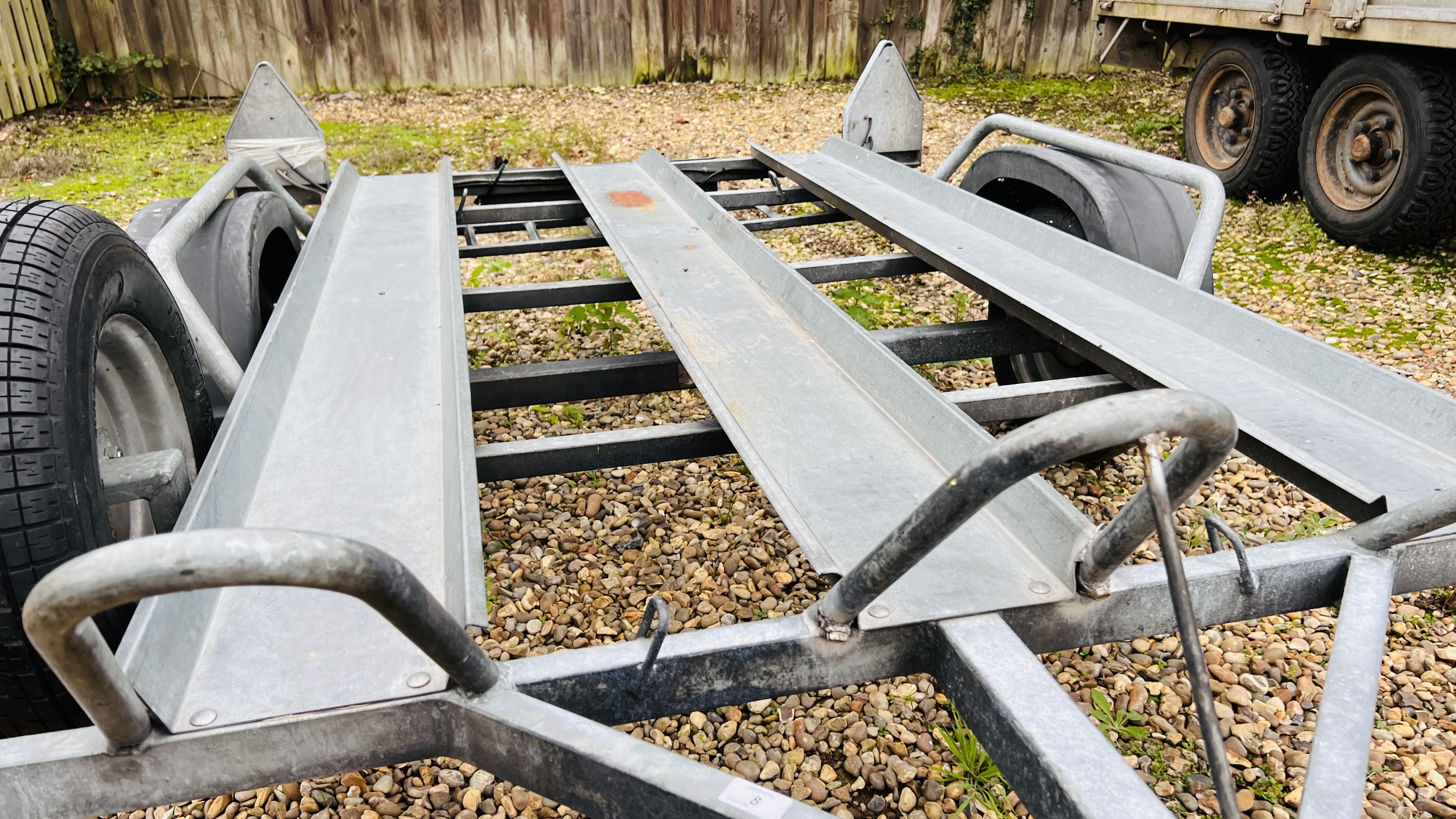 A METAFO GALVANISED MOTORCYCLE CAR TRAILER (THREE BIKE CAPACITY) - ROAD TYRES REQUIRE REPLACEMENT, - Image 13 of 13