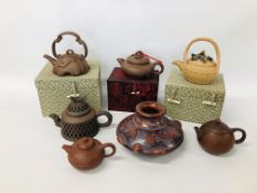 COLLECTION OF 6 CHINESE STONEWARE TEA POTS (3 BOXED) ALONG WITH A TERRACOTTA POT BEARING A "JOANNA"