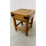 A GENUINE BEECHWOOD BLOCK BUTCHER'S BLOCK ON HEAVY PINE STAND - W 61CM. D 61CM. H 83CM.