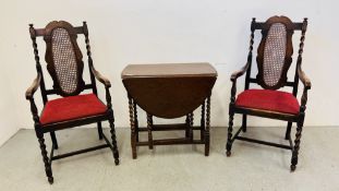 PAIR OF OAK BARLEY TWIST ELBOW CHAIRS WITH RATTAN WORK TO BACK PANELS AND SMALL OAK BARLEY TWIST