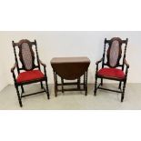 PAIR OF OAK BARLEY TWIST ELBOW CHAIRS WITH RATTAN WORK TO BACK PANELS AND SMALL OAK BARLEY TWIST