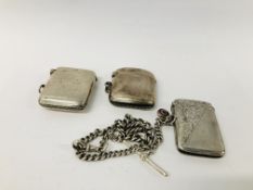 3 X VINTAGE SILVER MATCHBOX CASES ALONG WITH A SILVER WATCH CHAIN