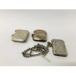 3 X VINTAGE SILVER MATCHBOX CASES ALONG WITH A SILVER WATCH CHAIN