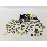 BOX OF VARIOUS BADGES, SPORTING MEDALS, ROTARY MEDALS,