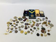 BOX OF VARIOUS BADGES, SPORTING MEDALS, ROTARY MEDALS,