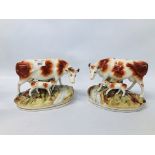 PAIR OF VINTAGE STAFFORDSHIRE STYLE COW AND CALF STUDIES (1 A/F HORNS RE GLUED AND EAR CHIP) WIDTH