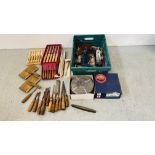 QUANTITY OF SHED SUNDRIES TO INCLUDE GOOD QUALITY CHISELS (SOME BOXED), VARIOUS PLANES AND MEASURES,