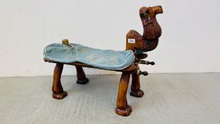 HANDCARVED CAMEL STOOL WITH BLUE LEATHER CUSHION COVER (NO FILLING).